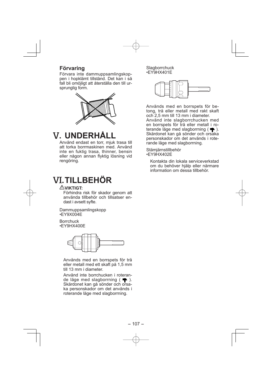 Underhåll, Tillbehör | Panasonic EY7880 User Manual | Page 107 / 160