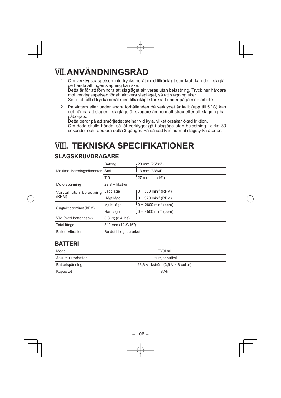 Användningsråd, Tekniska specifikationer, Slagskruvdragare | Batteri | Panasonic EY7880 User Manual | Page 108 / 160