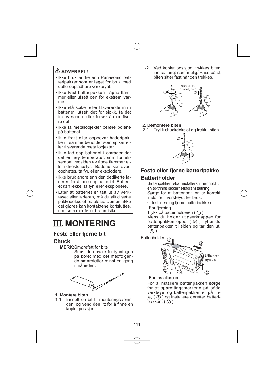 Montering, Feste eller fjerne bit chuck, Feste eller fjerne batteripakke batteriholder | Panasonic EY7880 User Manual | Page 111 / 160