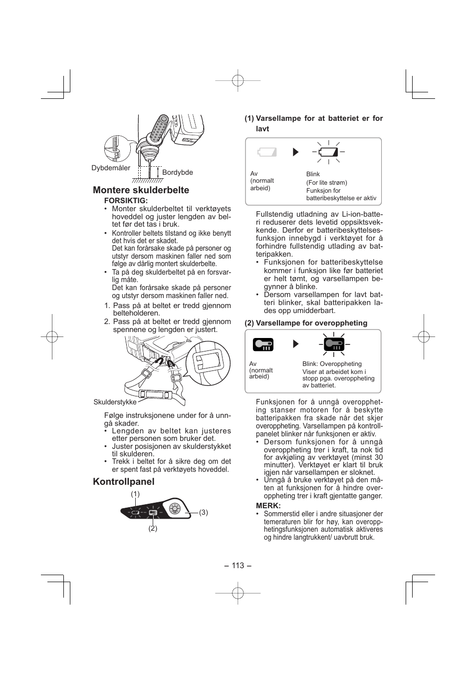 Montere skulderbelte, Kontrollpanel | Panasonic EY7880 User Manual | Page 113 / 160