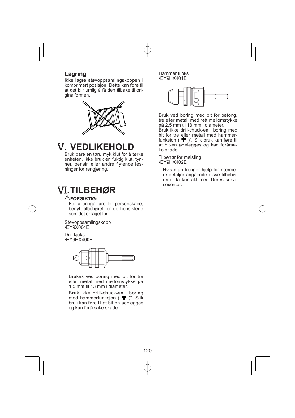 Vedlikehold, Tilbehør | Panasonic EY7880 User Manual | Page 120 / 160