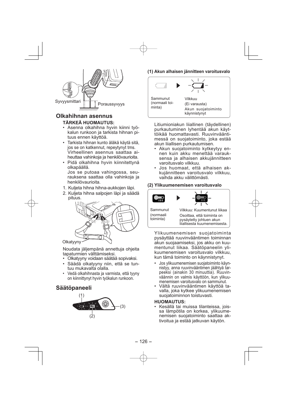 Olkahihnan asennus, Säätöpaneeli | Panasonic EY7880 User Manual | Page 126 / 160