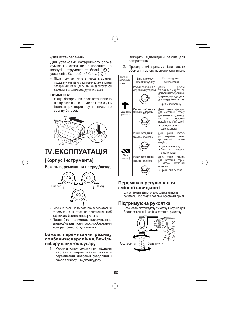 Експлуатація, Перемикач регулювання змінної швидкості, Підтримуюча рукоятка | Panasonic EY7880 User Manual | Page 150 / 160