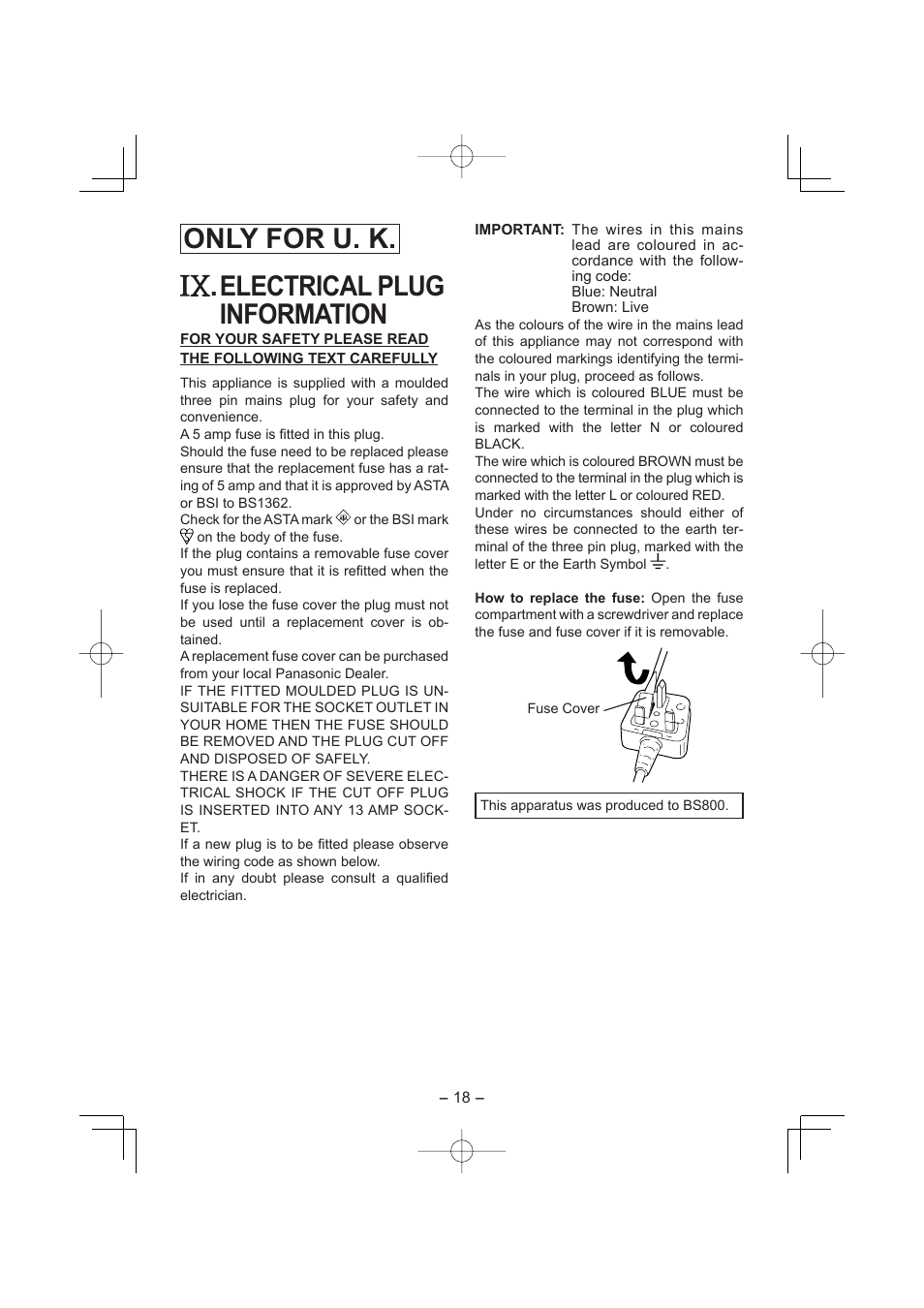 Only for u. k, Electrical plug information | Panasonic EY7880 User Manual | Page 18 / 160