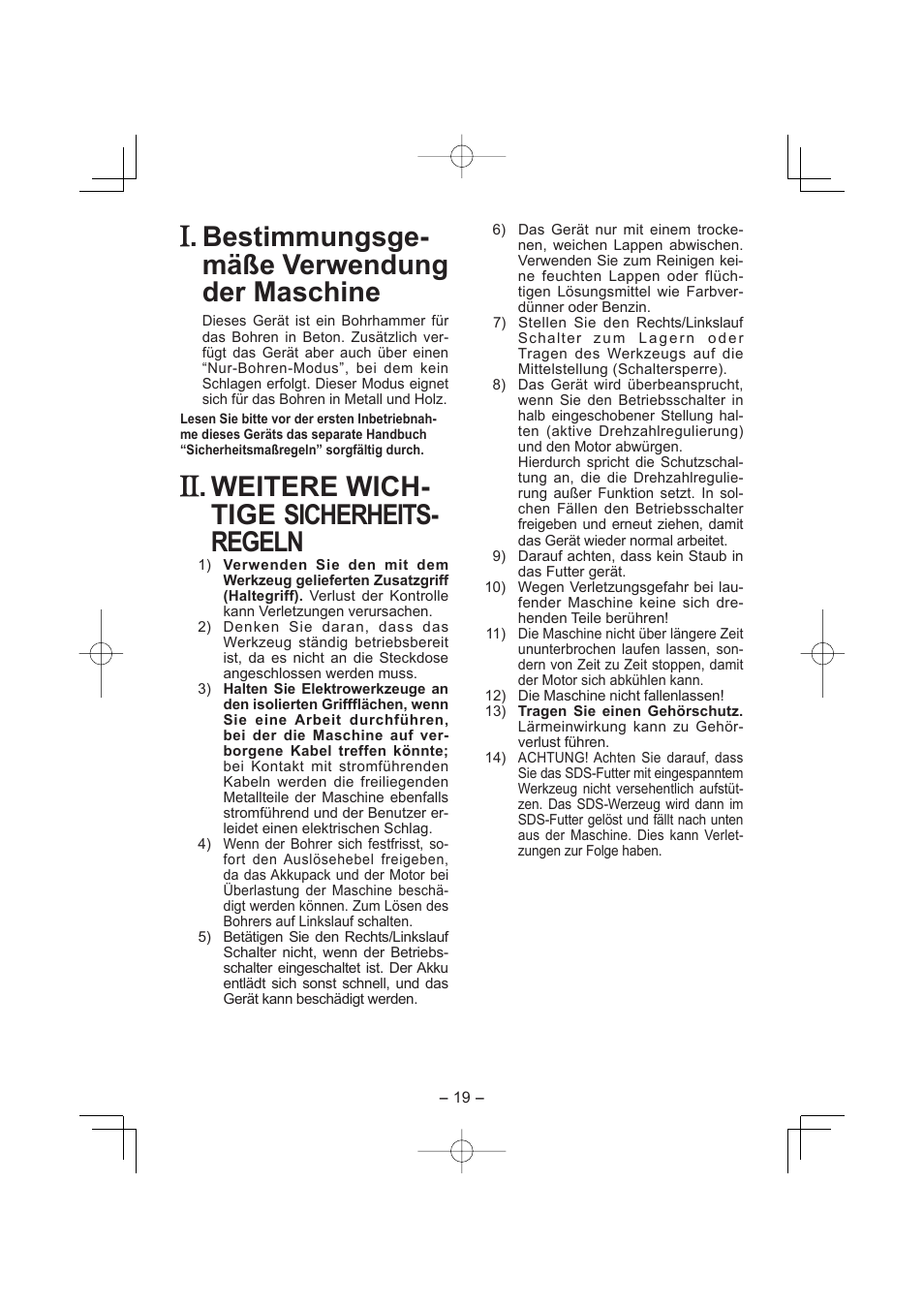 Bestimmungsge- mäße verwendung der maschine, Weitere wich- tige sicherheits- regeln | Panasonic EY7880 User Manual | Page 19 / 160
