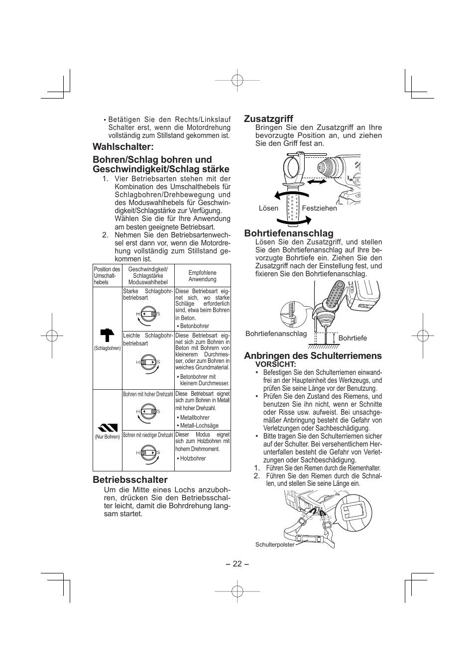 Betriebsschalter, Zusatzgriff, Bohrtiefenanschlag | Anbringen des schulterriemens | Panasonic EY7880 User Manual | Page 22 / 160