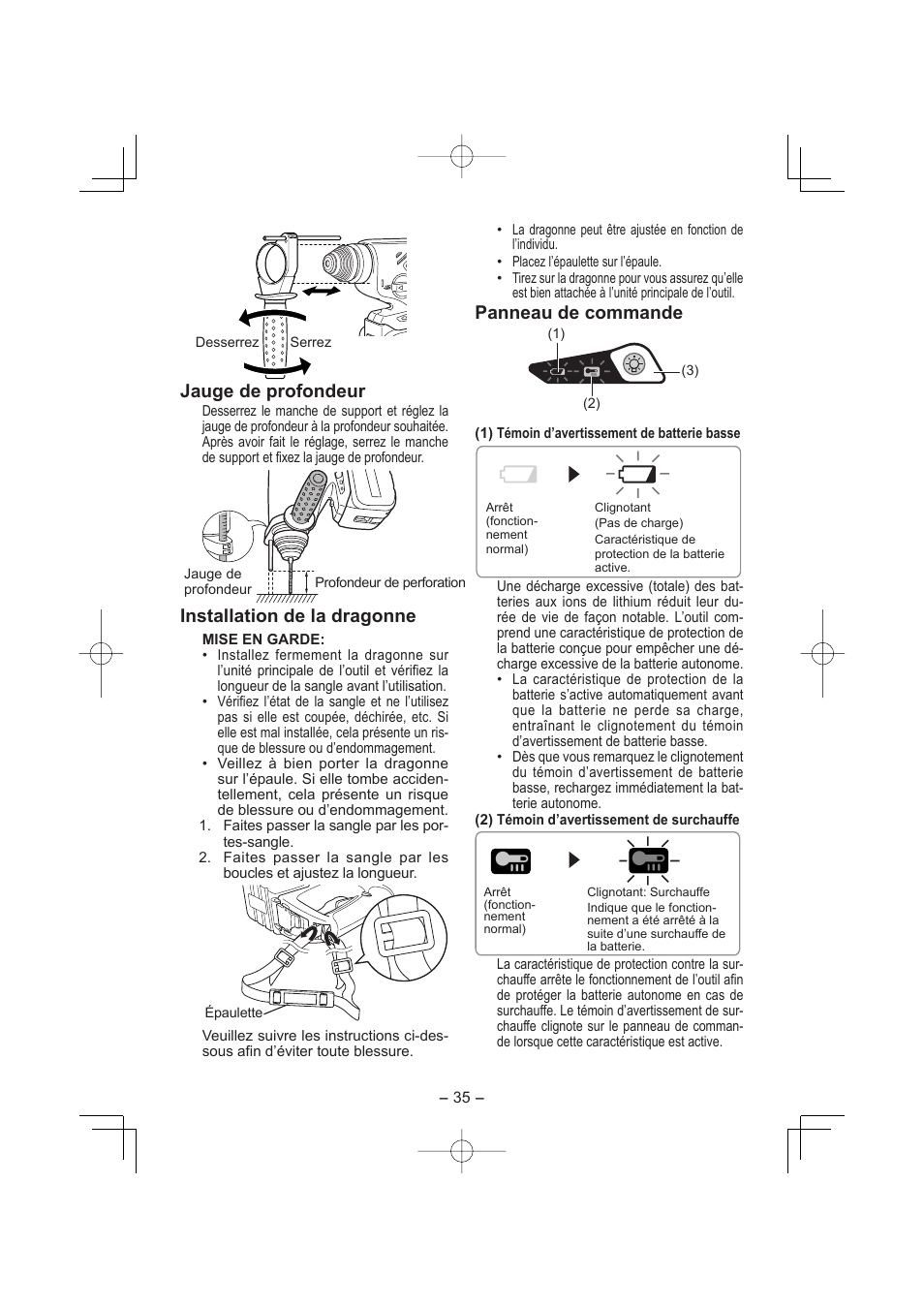 Panneau de commande, Jauge de profondeur, Installation de la dragonne | Panasonic EY7880 User Manual | Page 35 / 160