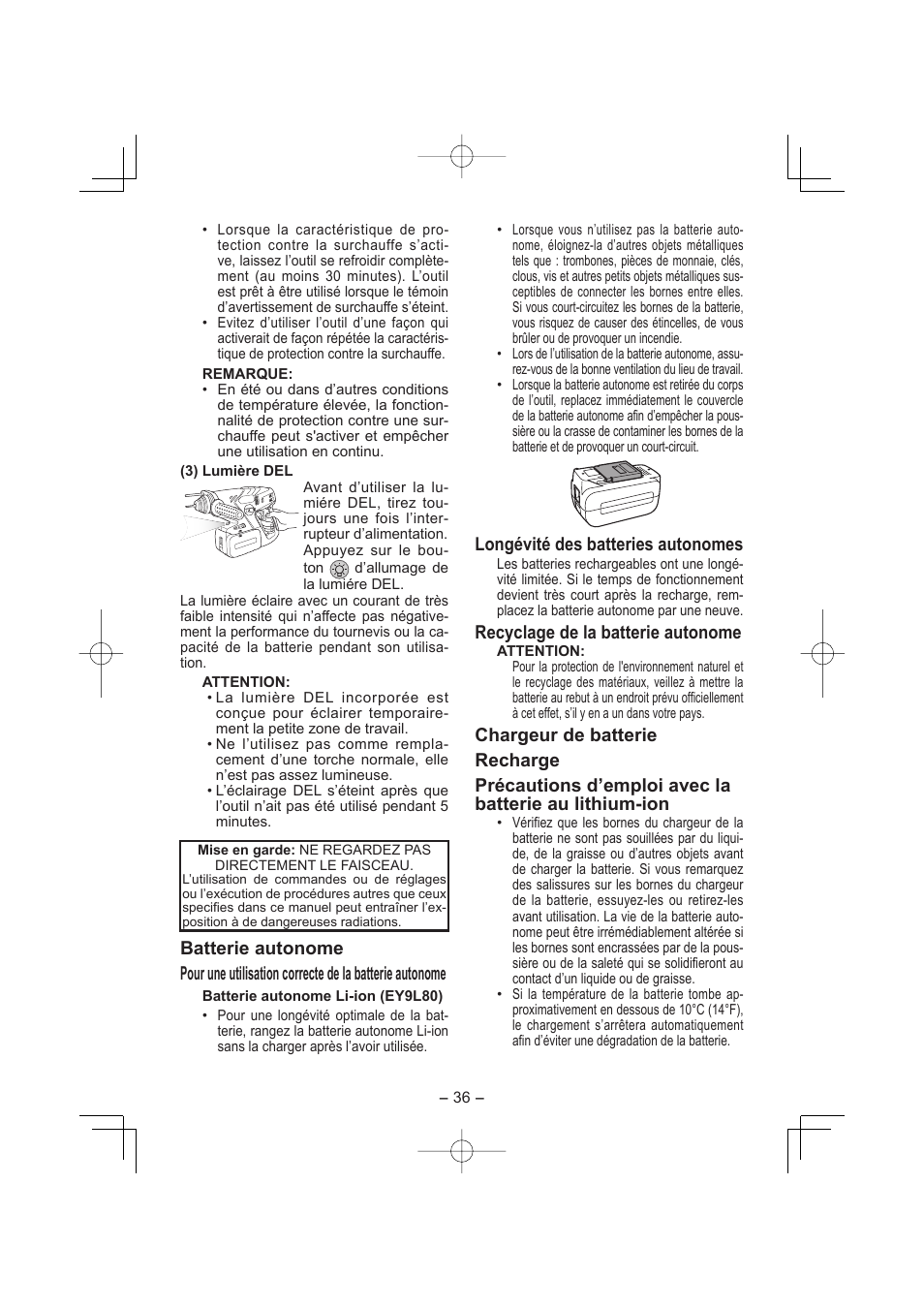 Longévité des batteries autonomes, Recyclage de la batterie autonome | Panasonic EY7880 User Manual | Page 36 / 160