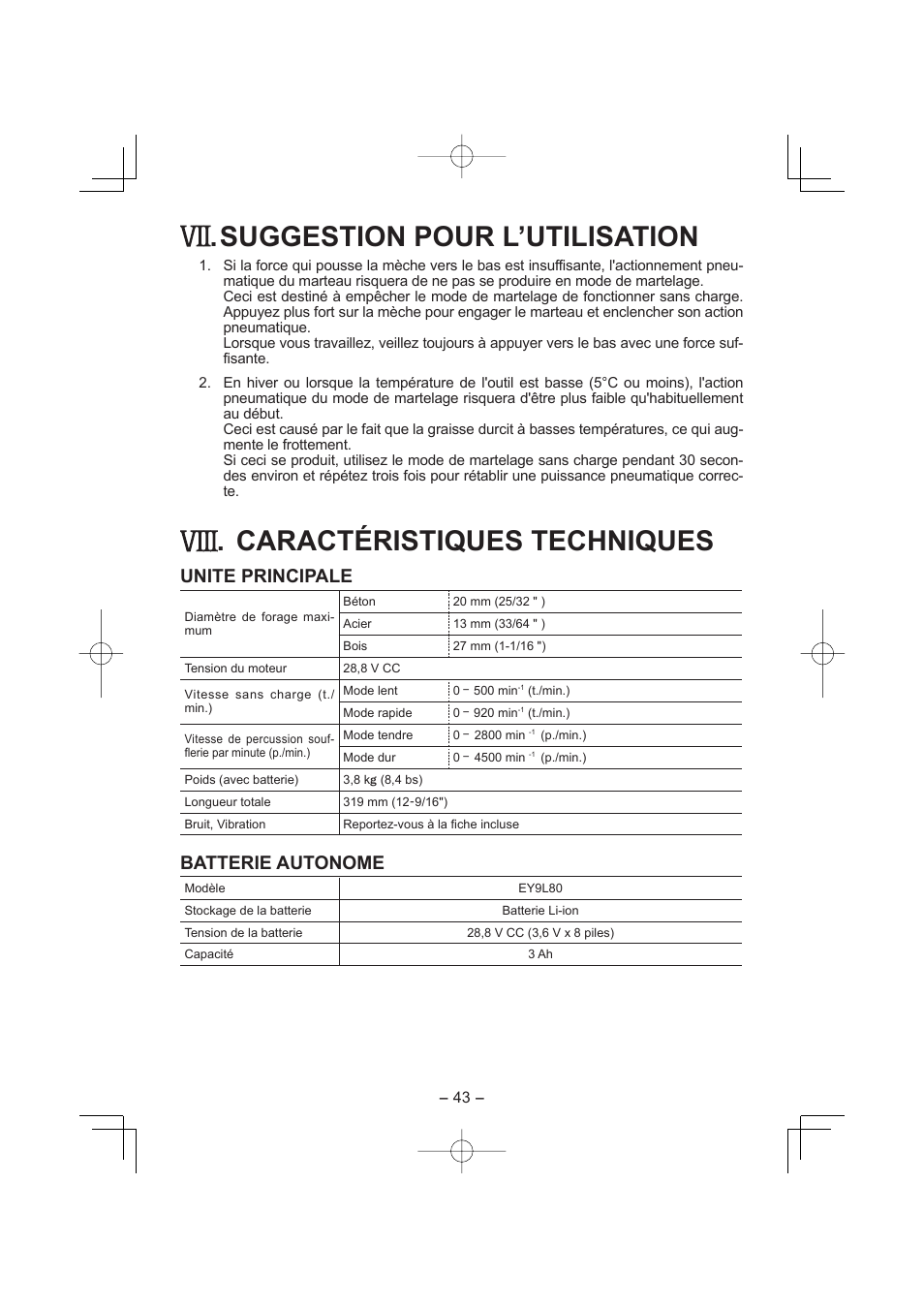 Suggestion pour l’utilisation, Caractéristiques techniques, Unite principale | Batterie autonome | Panasonic EY7880 User Manual | Page 43 / 160