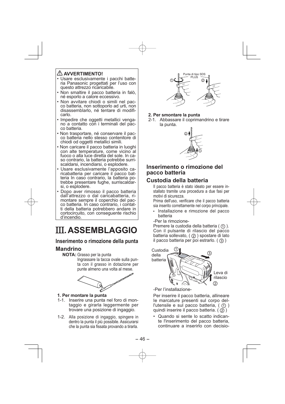 Assemblaggio, Inserimento o rimozione della punta mandrino | Panasonic EY7880 User Manual | Page 46 / 160