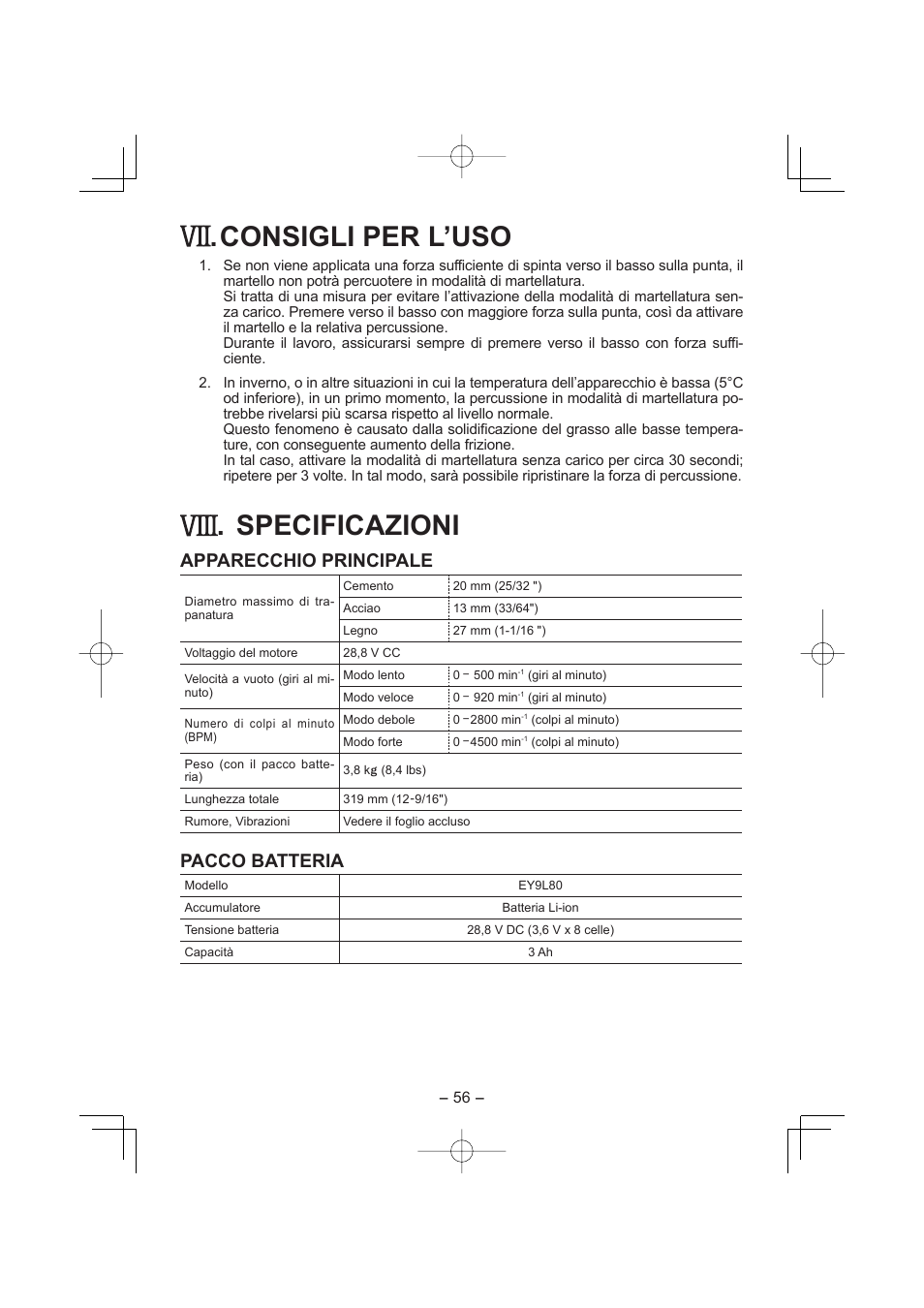 Consigli per l’uso, Specificazioni, Apparecchio principale | Pacco batteria | Panasonic EY7880 User Manual | Page 56 / 160