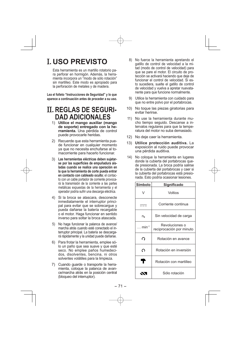 Uso previsto, Reglas de seguri- dad adicionales | Panasonic EY7880 User Manual | Page 71 / 160