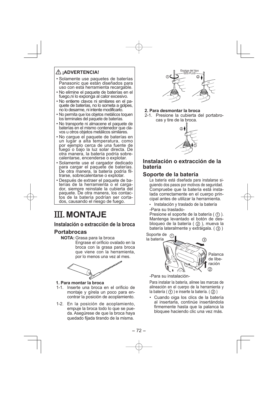 Montaje, Instalación o extracción de la broca portabrocas | Panasonic EY7880 User Manual | Page 72 / 160