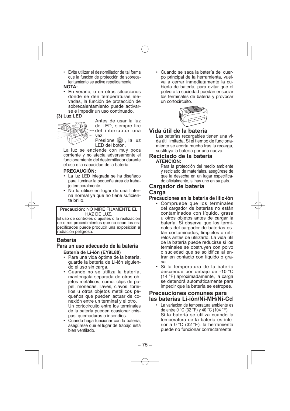 Batería para un uso adecuado de la batería, Vida útil de la batería, Reciclado de la batería | Panasonic EY7880 User Manual | Page 75 / 160