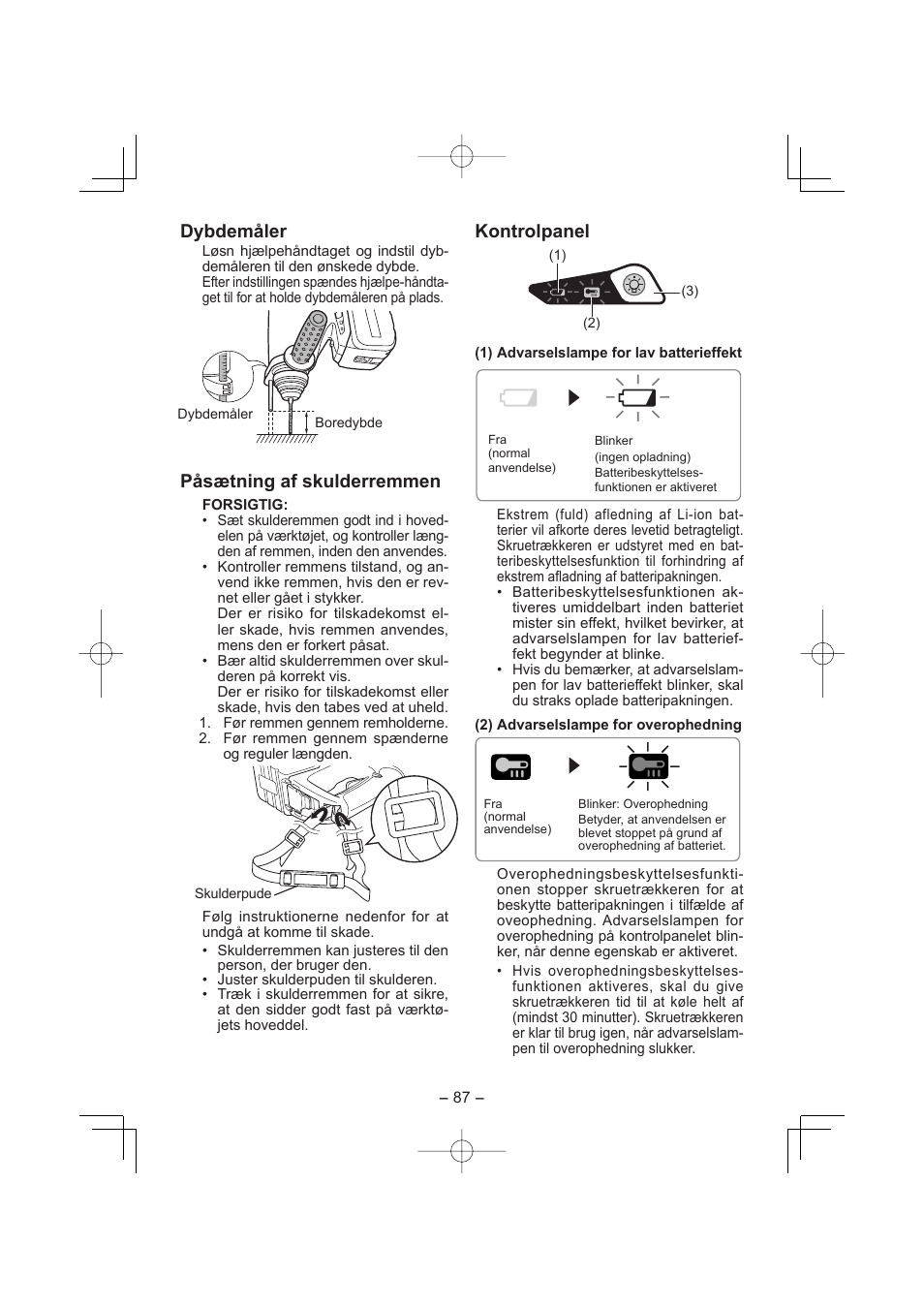 Dybdemåler, Påsætning af skulderremmen, Kontrolpanel | Panasonic EY7880 User Manual | Page 87 / 160