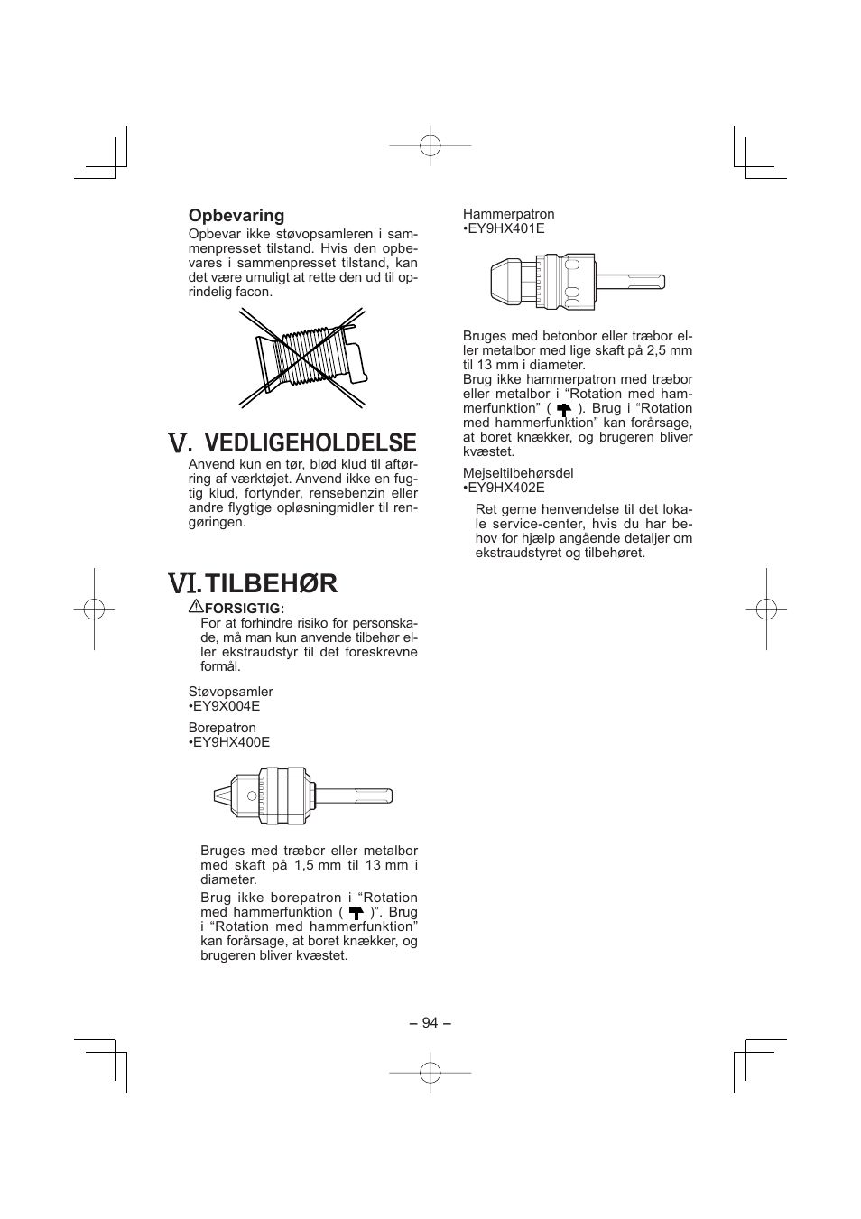 Vedligeholdelse, Tilbehør | Panasonic EY7880 User Manual | Page 94 / 160