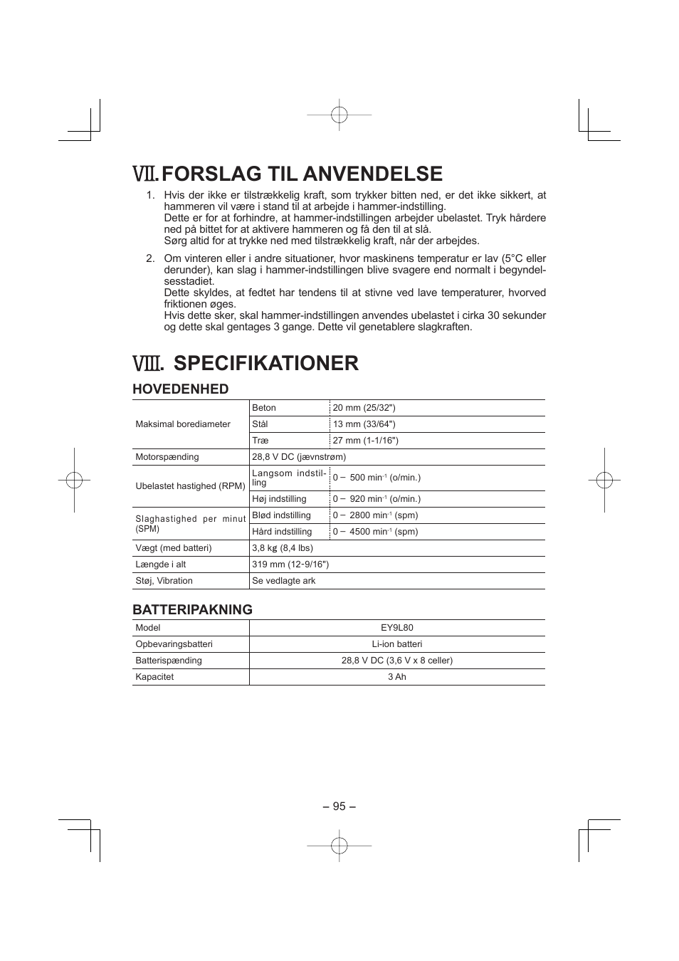 Forslag til anvendelse, Specifikationer, Hovedenhed | Batteripakning | Panasonic EY7880 User Manual | Page 95 / 160