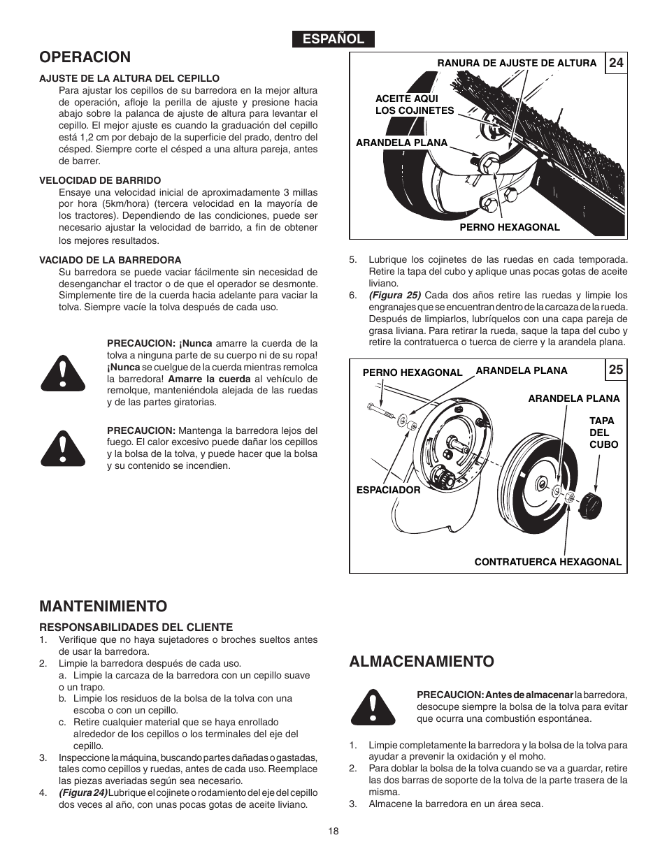 Mantenimiento, Operacion, Almacenamiento | Agri-Fab 45-03201-062 User Manual | Page 18 / 28