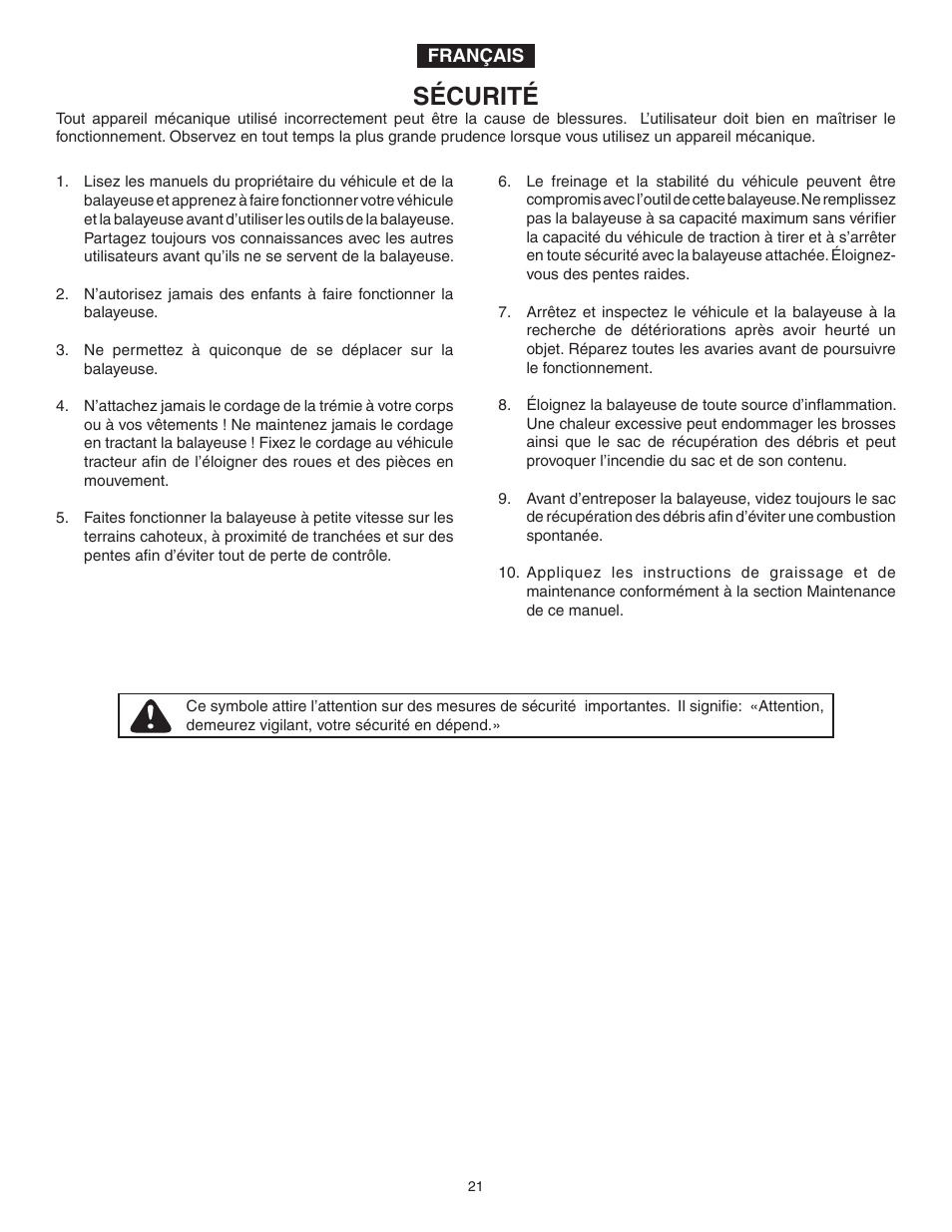 Sécurité | Agri-Fab 45-03201-062 User Manual | Page 21 / 28