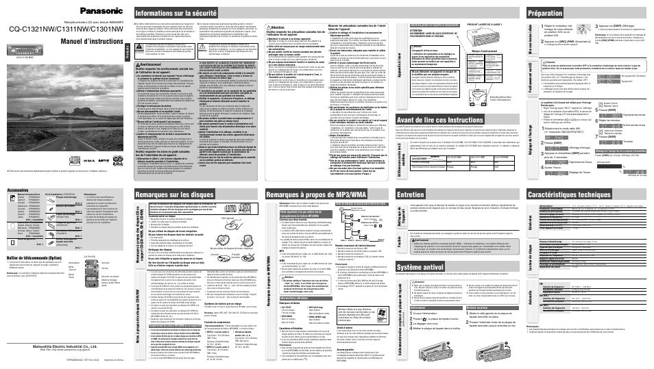 Panasonic CQC1321NW User Manual | 4 pages