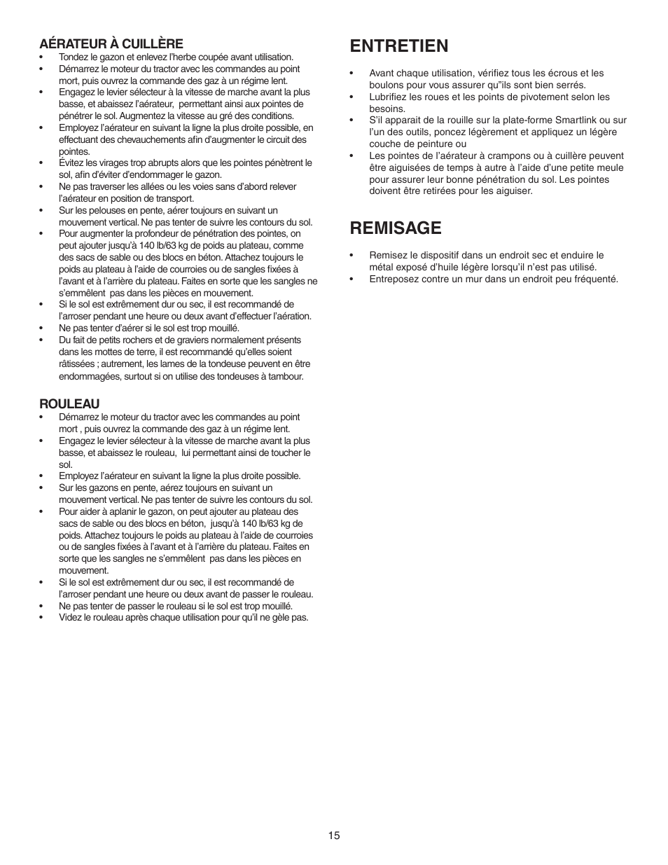 Entretien, Remisage, Aérateur à cuillère | Rouleau | Agri-Fab Smartlink Platform 45-04731 User Manual | Page 15 / 24