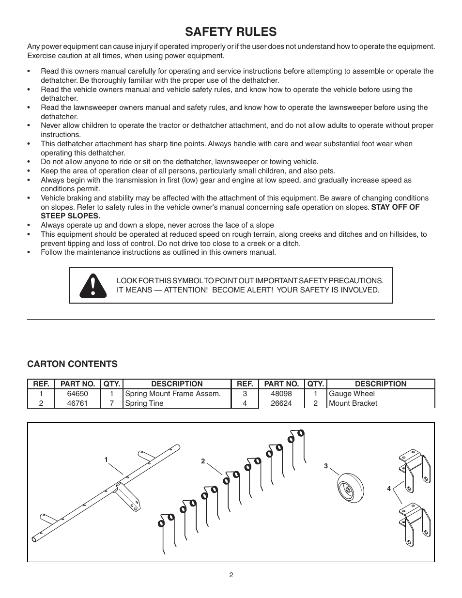 Safety rules | Agri-Fab Dethatcher for Sweepers 45-03431 User Manual | Page 2 / 8