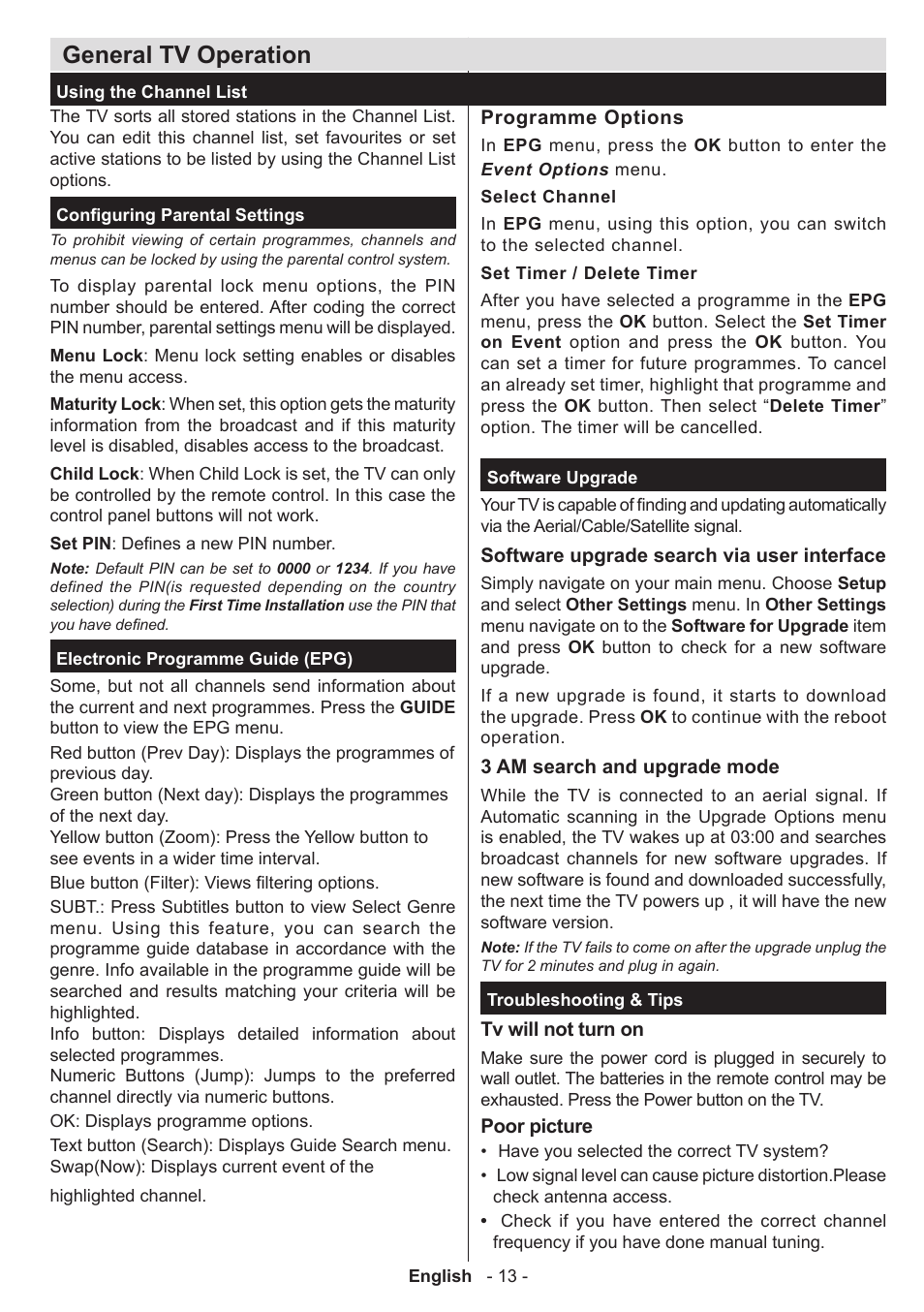 General tv operation | Panasonic TX50AW304 User Manual | Page 14 / 89