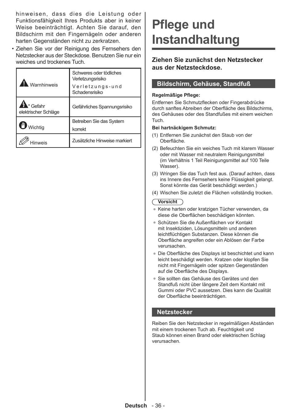 Pflege und instandhaltung, Netzstecker | Panasonic TX50AW304 User Manual | Page 37 / 89