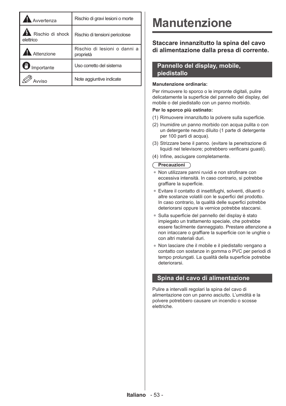 Manutenzione, Spina del cavo di alimentazione | Panasonic TX50AW304 User Manual | Page 54 / 89