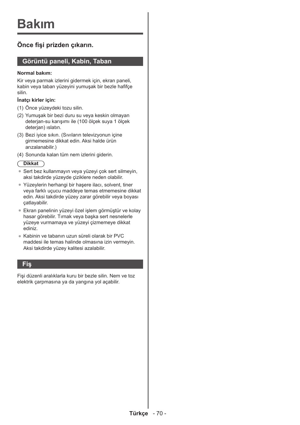 Bakım | Panasonic TX50AW304 User Manual | Page 71 / 89