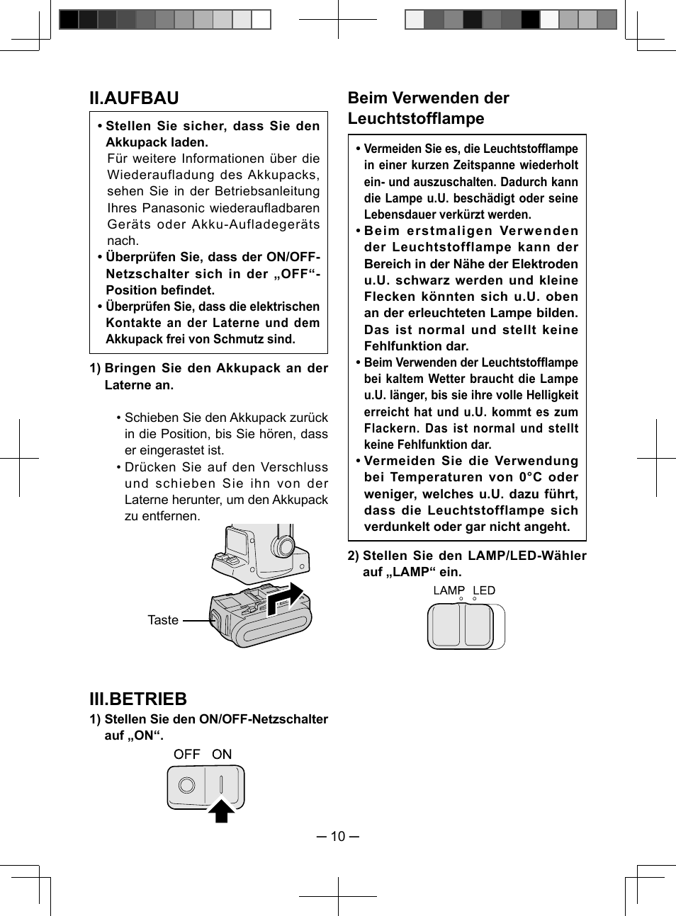 Ii.aufbau, Iii.betrieb, Beim verwenden der leuchtstofflampe | Panasonic EY3741 User Manual | Page 10 / 60