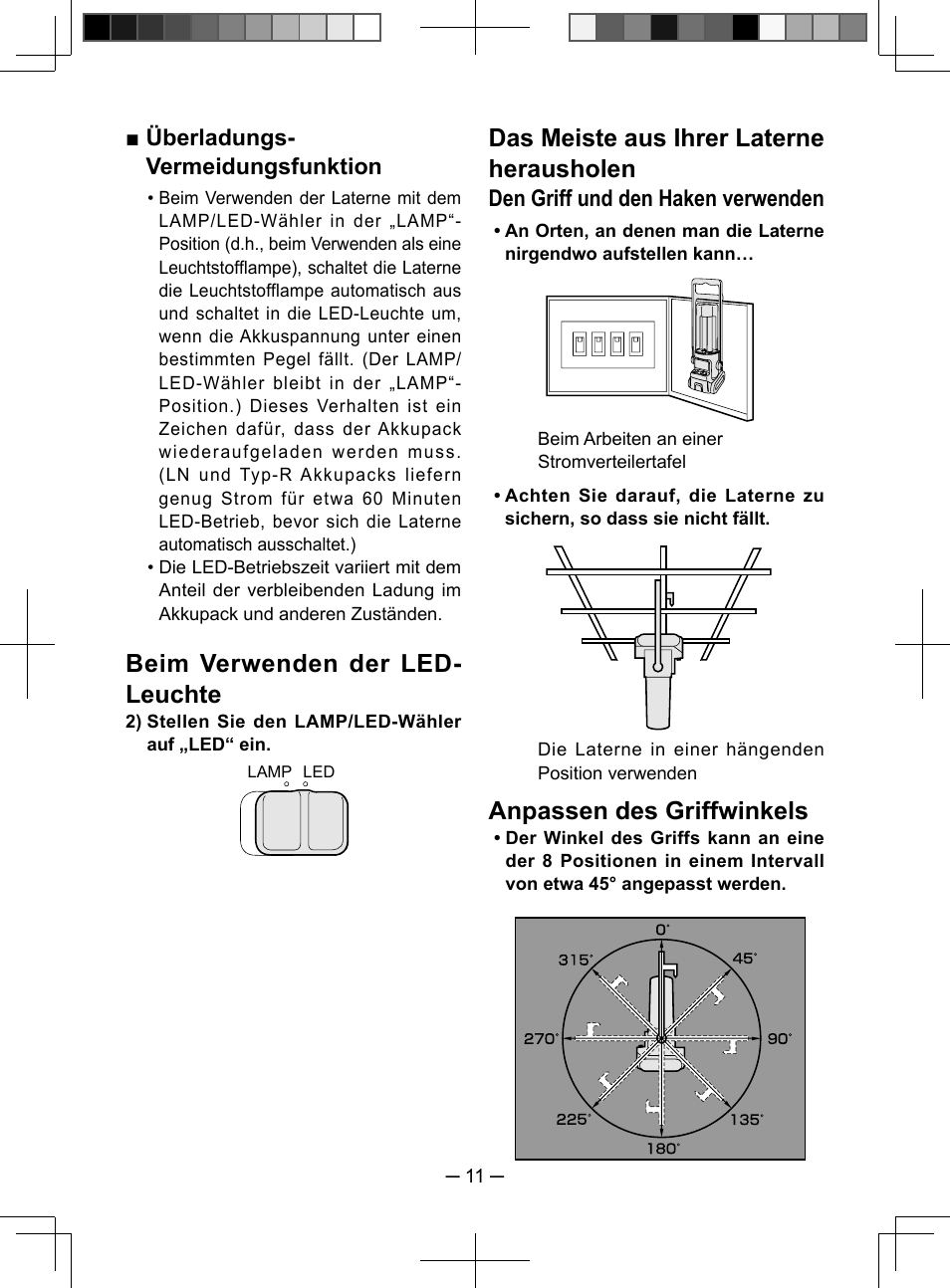 Beim verwenden der led- leuchte, Das meiste aus ihrer laterne herausholen, Anpassen des griffwinkels | Überladungs- vermeidungsfunktion, Den griff und den haken verwenden | Panasonic EY3741 User Manual | Page 11 / 60