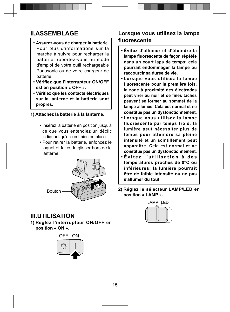 Ii.assemblage, Iii.utilisation, Lorsque vous utilisez la lampe fluorescente | Panasonic EY3741 User Manual | Page 15 / 60