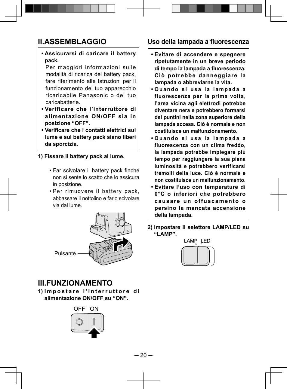 Ii.assemblaggio, Iii.funzionamento, Uso della lampada a fluorescenza | Panasonic EY3741 User Manual | Page 20 / 60
