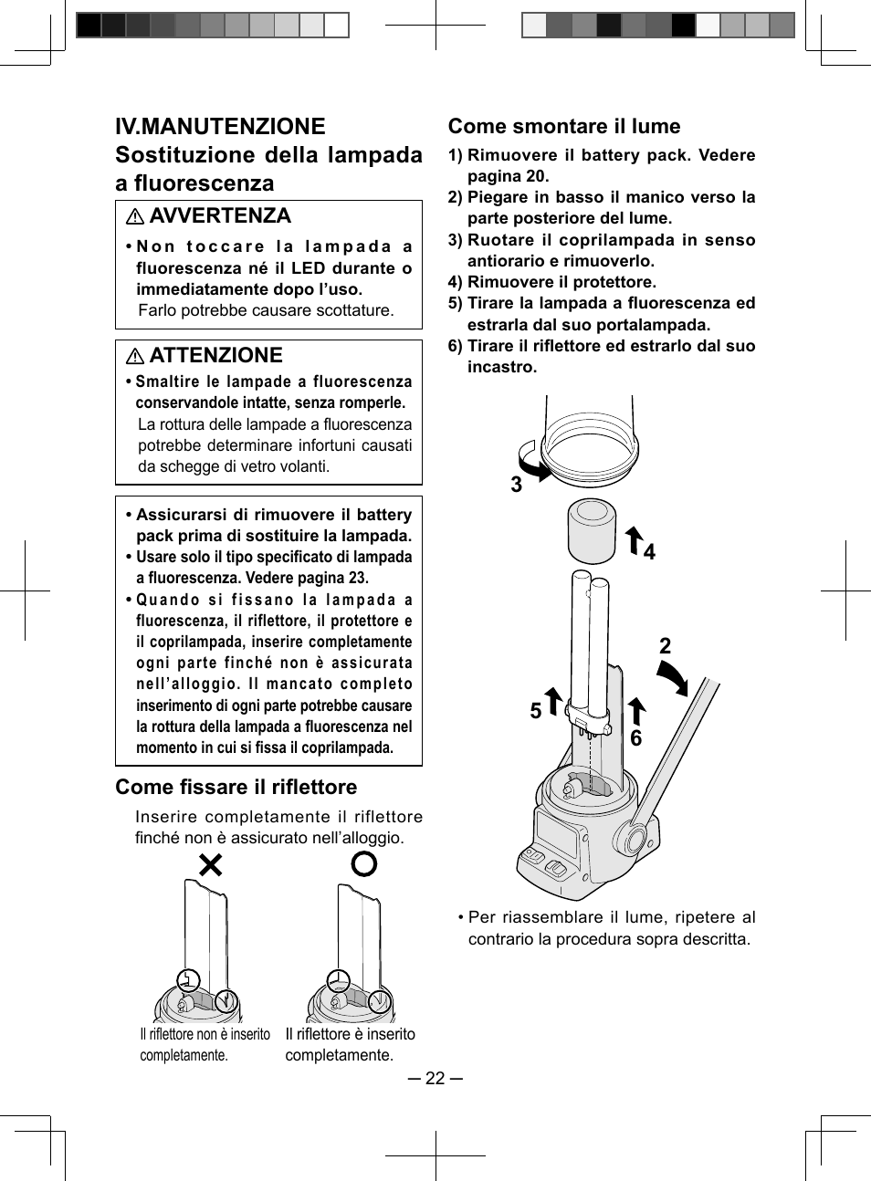Avvertenza, Attenzione, Come fi ssare il rifl ettore | Come smontare il lume | Panasonic EY3741 User Manual | Page 22 / 60