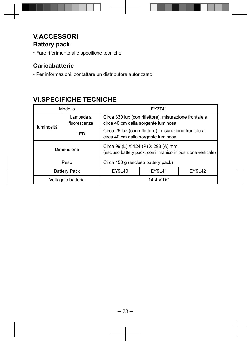 V.accessori, Vi.specifiche tecniche, Battery pack | Caricabatterie | Panasonic EY3741 User Manual | Page 23 / 60