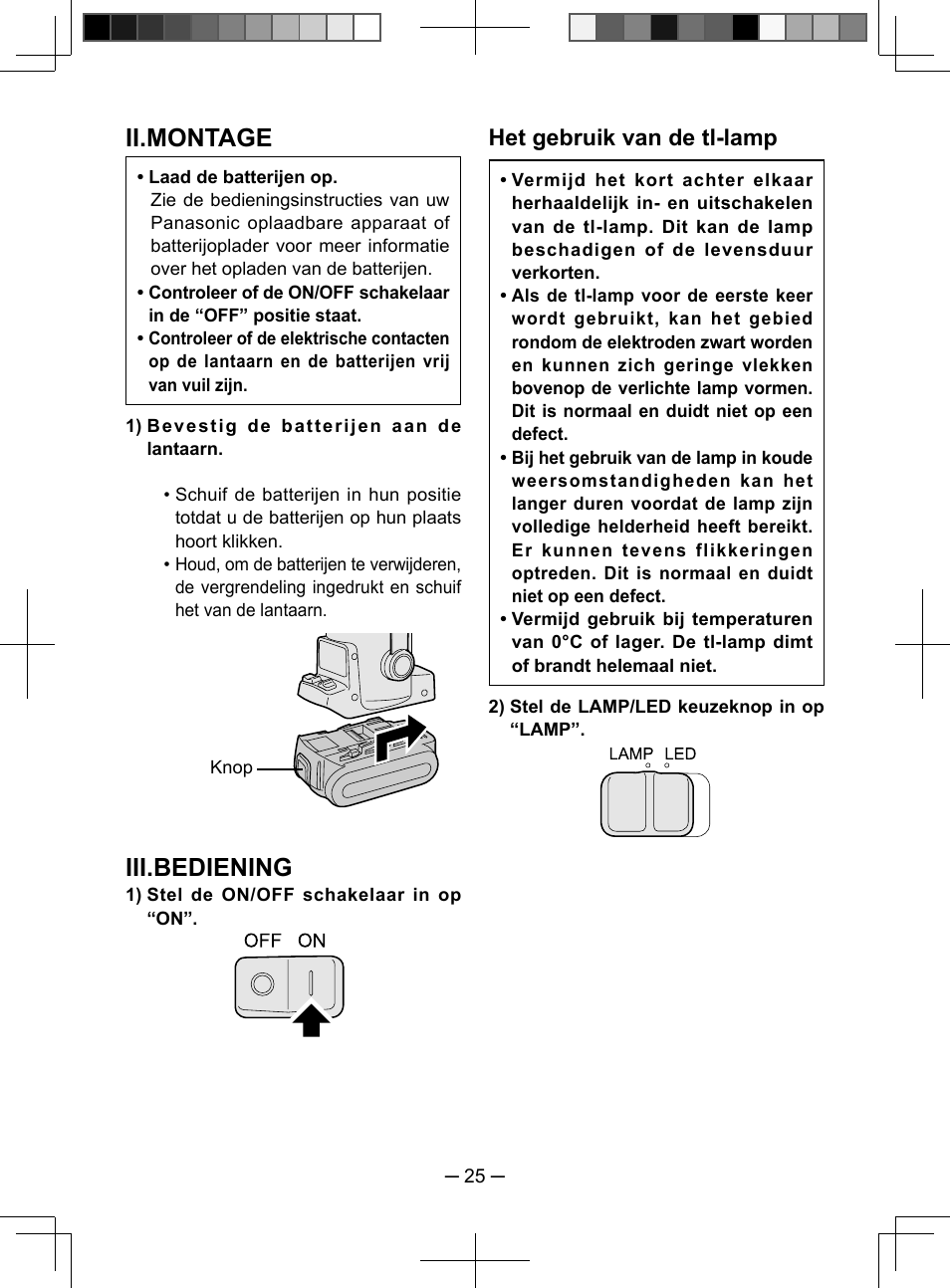 Ii.montage, Iii.bediening, Het gebruik van de tl-lamp | Panasonic EY3741 User Manual | Page 25 / 60