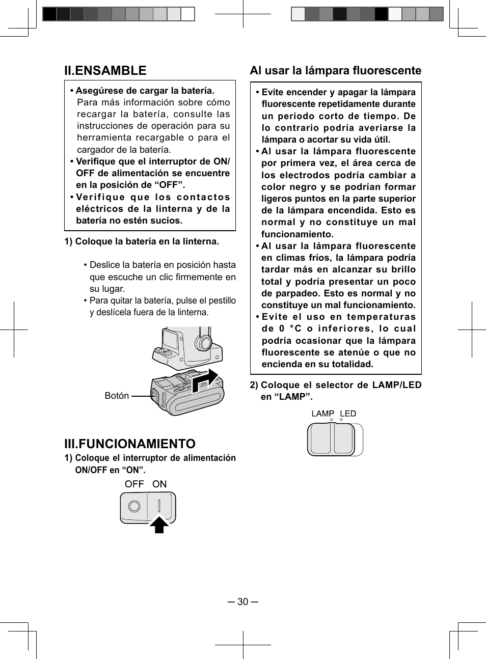 Ii.ensamble, Iii.funcionamiento, Al usar la lámpara fluorescente | Panasonic EY3741 User Manual | Page 30 / 60