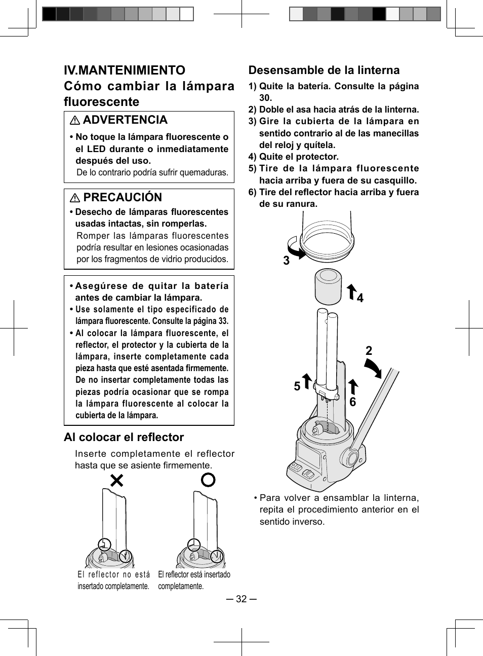 Advertencia, Precaución, Al colocar el refl ector | Desensamble de la linterna | Panasonic EY3741 User Manual | Page 32 / 60
