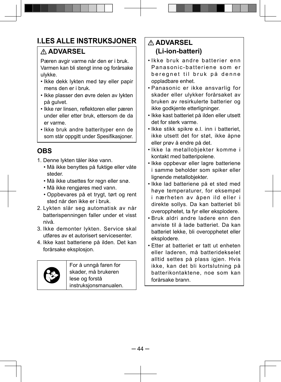 I.les alle instruksjoner, Advarsel, Advarsel (li-ion-batteri) | Panasonic EY3741 User Manual | Page 44 / 60