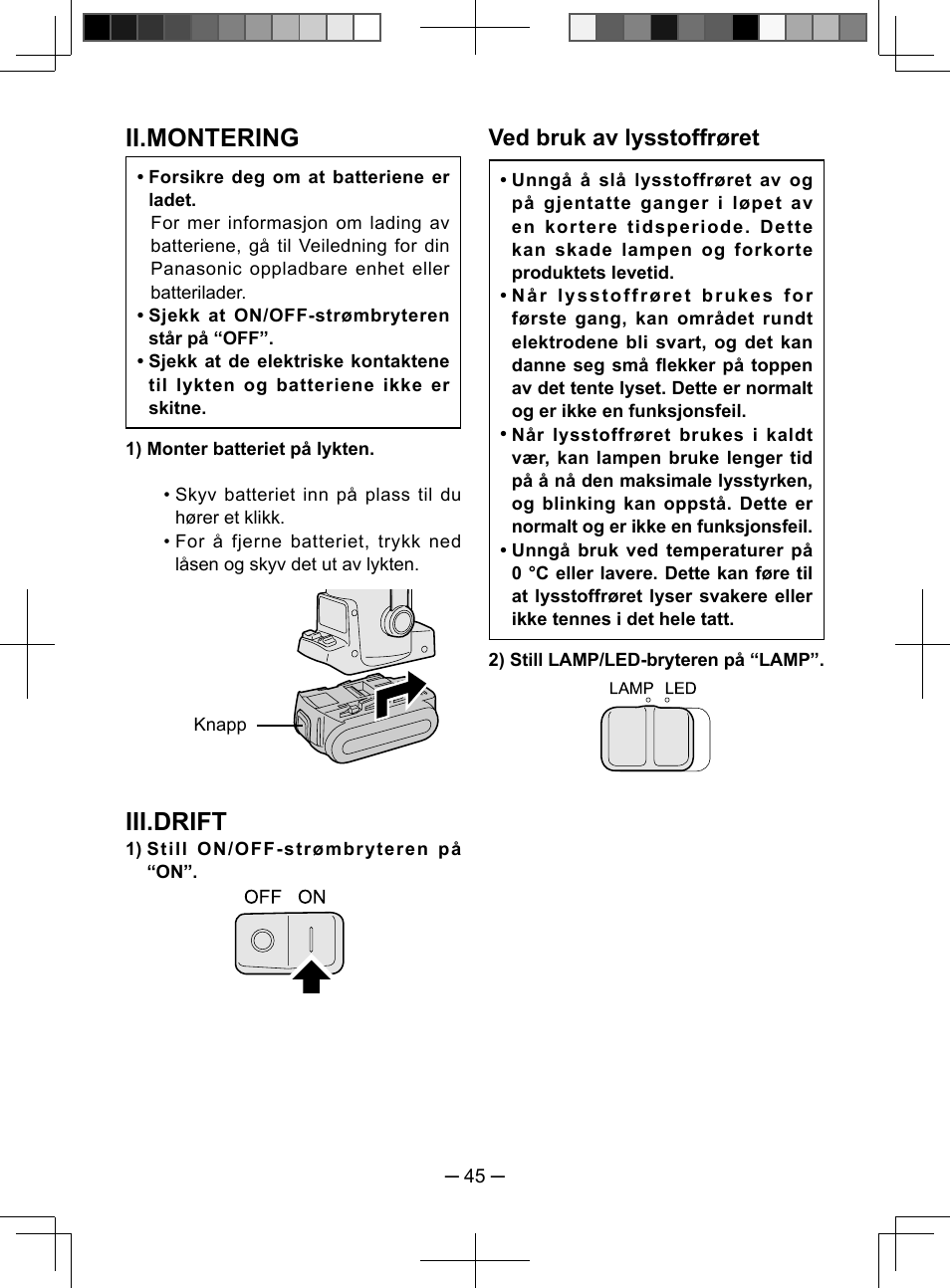 Ii.montering, Iii.drift, Ved bruk av lysstoffrøret | Panasonic EY3741 User Manual | Page 45 / 60