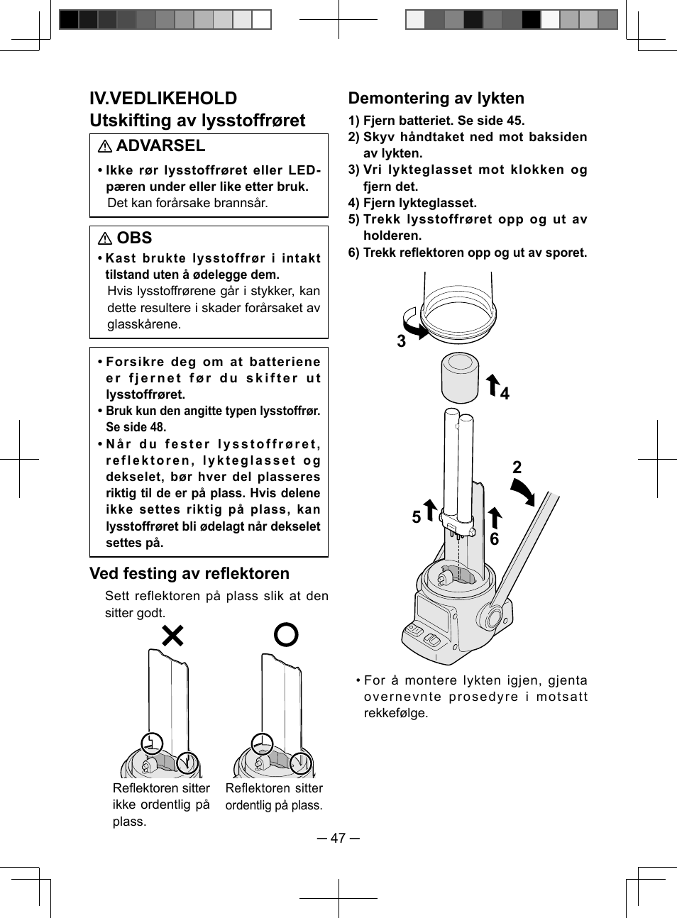 Iv.vedlikehold utskifting av lysstoffrøret, Advarsel, Ved festing av refl ektoren | Demontering av lykten | Panasonic EY3741 User Manual | Page 47 / 60