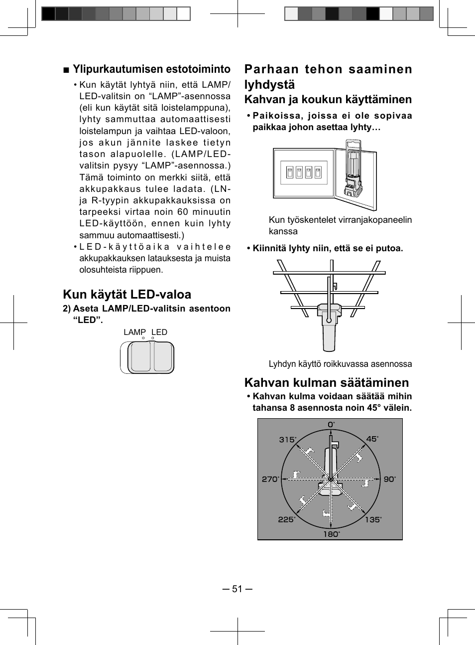 Kun käytät led-valoa, Parhaan tehon saaminen lyhdystä, Kahvan kulman säätäminen | Ylipurkautumisen estotoiminto, Kahvan ja koukun käyttäminen | Panasonic EY3741 User Manual | Page 51 / 60