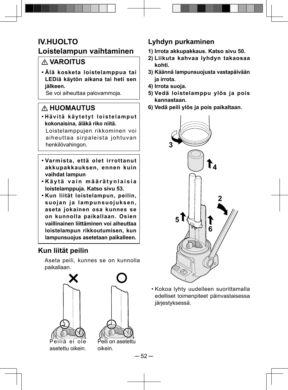 Iv.huolto loistelampun vaihtaminen, Varoitus, Huomautus | Kun liität peilin, Lyhdyn purkaminen | Panasonic EY3741 User Manual | Page 52 / 60