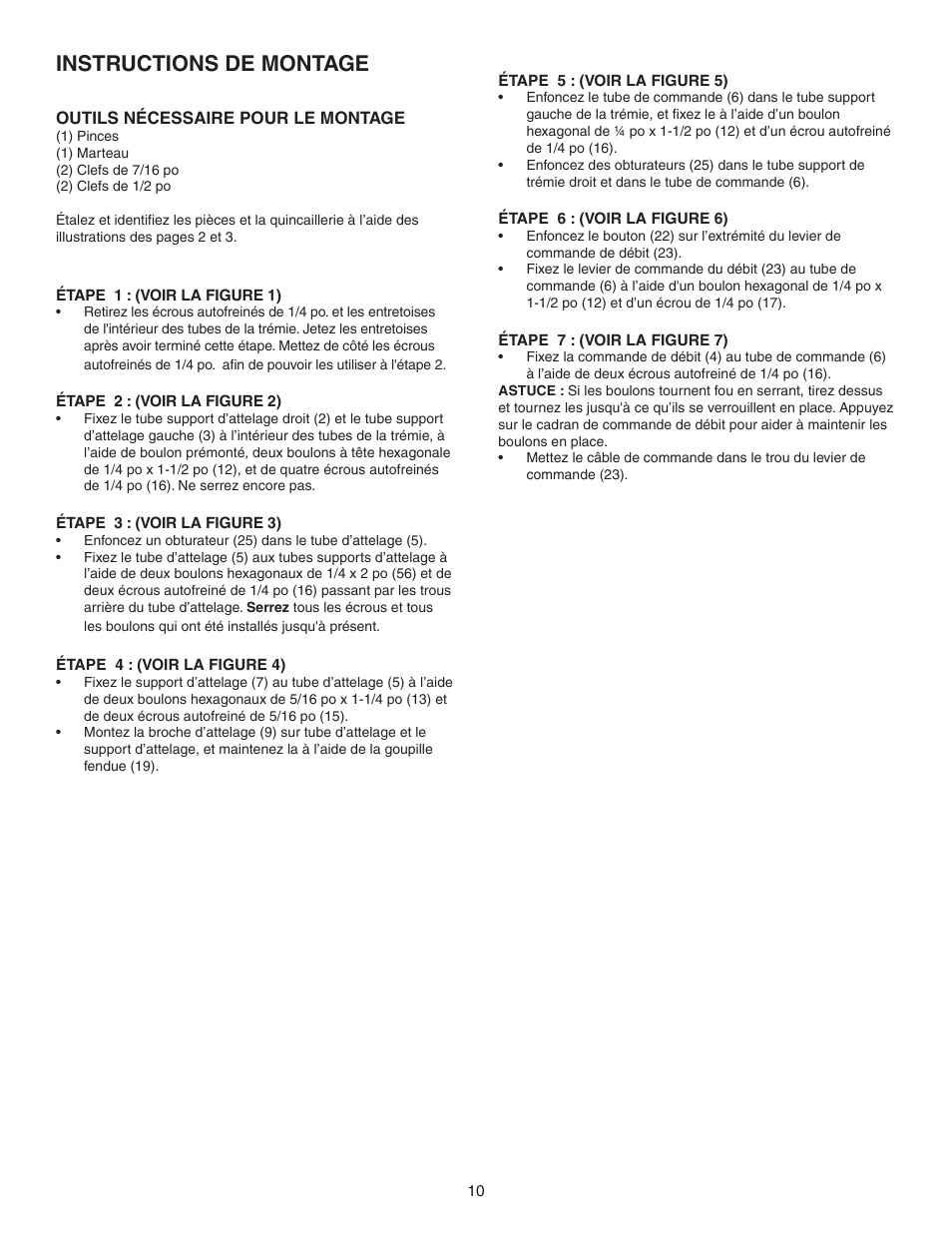 Instructions de montage | Agri-Fab 130 LB Tow Spreader 45-0463 User Manual | Page 10 / 20