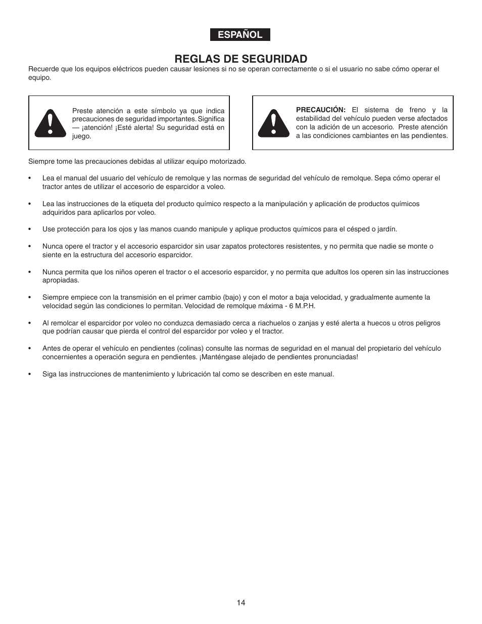 Reglas de seguridad, Español | Agri-Fab 130 LB Tow Spreader 45-0463 User Manual | Page 14 / 20