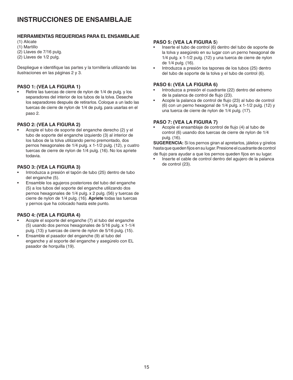 Instrucciones de ensamblaje | Agri-Fab 130 LB Tow Spreader 45-0463 User Manual | Page 15 / 20