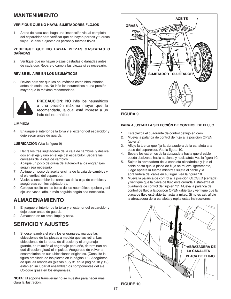 Mantenimiento, Almacenamiento, Servicio y ajustes | Agri-Fab 130 LB Tow Spreader 45-0463 User Manual | Page 17 / 20