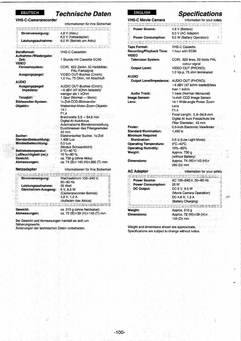 Specifications, Technische daten | Panasonic NVRX10EG User Manual | Page 100 / 106