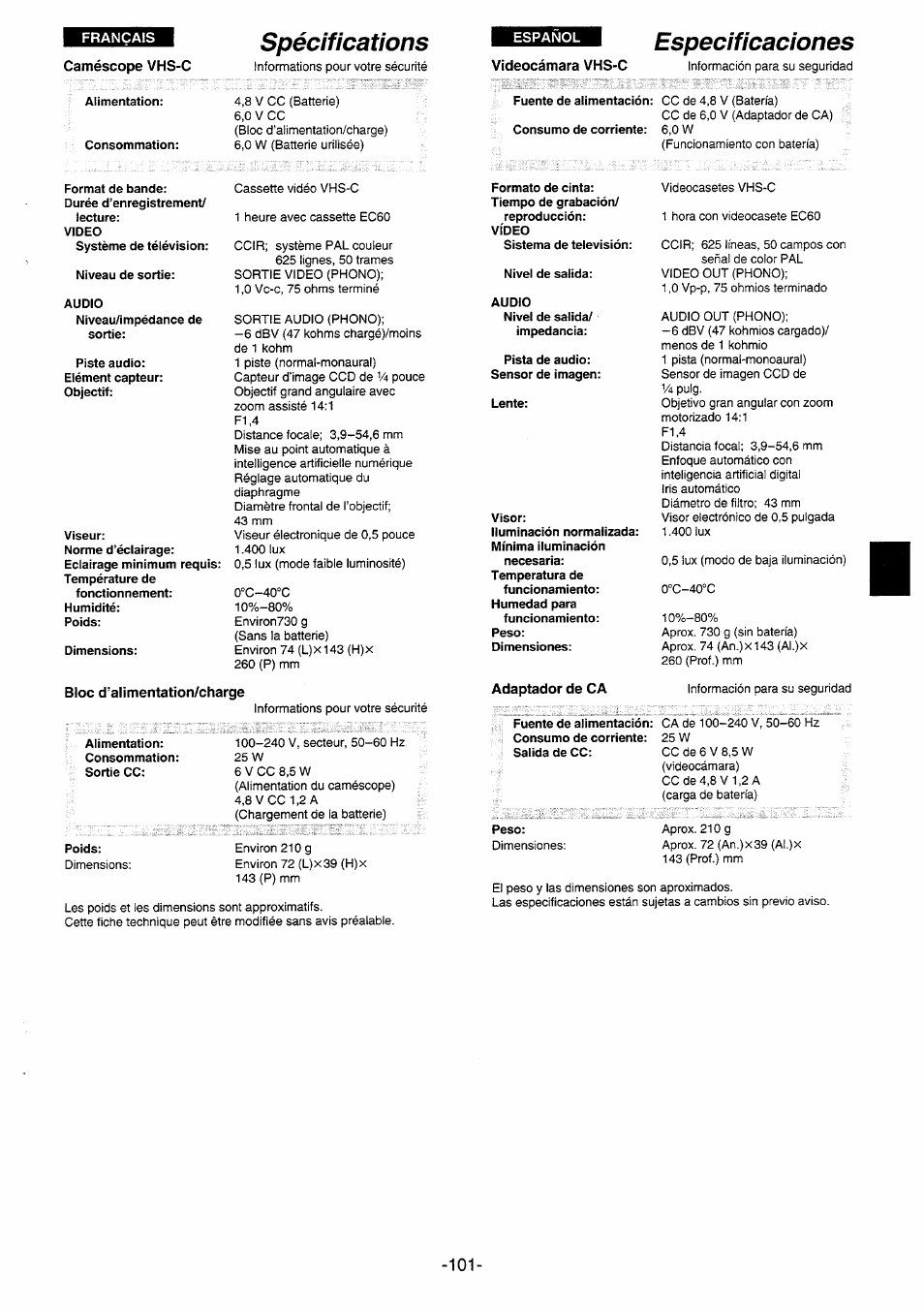 Spécifications, Especificaciones | Panasonic NVRX10EG User Manual | Page 101 / 106